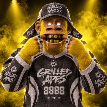 A yellow ape character wearing a black and gray "GRILLED APES 8888" branded cap, hoodie, and jacket stands against a smoky yellow background, pulling open its mouth to reveal gold grills with a peace sign. The image serves as a promotional teaser for the "Grilled Apes" NFT collection, previewing their upcoming launch on OpenSea with a call for fans to vote on their favorite design.