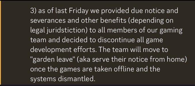 An announcement stating that the Pixelmon gaming team was laid off with severance after the company decided to discontinue game development, with team members placed on "garden leave" after games are taken offline—aligning with the post's claim that "Pixelmon rugged."