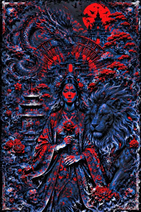 A vibrant red and blue fantasy artwork featuring a kimono-clad figure holding a red rose, accompanied by a lion and a dragon, with pagodas and a red moon in the background.