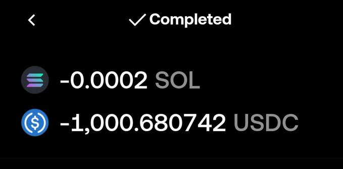 A dark screenshot of a completed crypto transaction showing negative amounts: '-0.0002 SOL' and '-1,000.680742 USDC'.