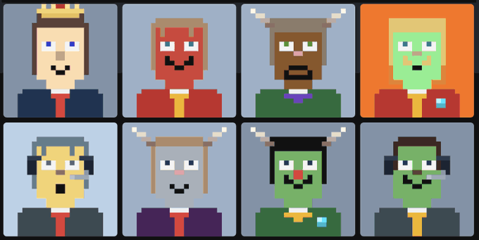 A pixel art grid displays eight character portraits in Minecraft style, including figures with crowns, horns, and varied skin tones and expressions.