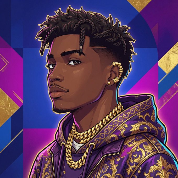 A stylized digital illustration of a young Black man with braided hair, wearing a gold chain and an ornate purple and gold patterned hoodie, set against a vibrant geometric background of blue, purple, and magenta. The bold, luxurious aesthetic mirrors the post's confident, bullish sentiment toward the $ANSEM token.