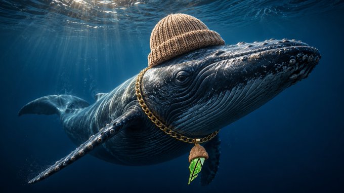A surreal AI-generated image of a whale wearing a tan beanie and gold chain with a green pendant, swimming underwater.