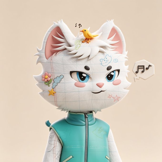 A 3D-rendered cartoon white cat character with a yellow bird on its head, blue eyes, wearing a teal and white jacket, with doodle-like decorations on its fur.