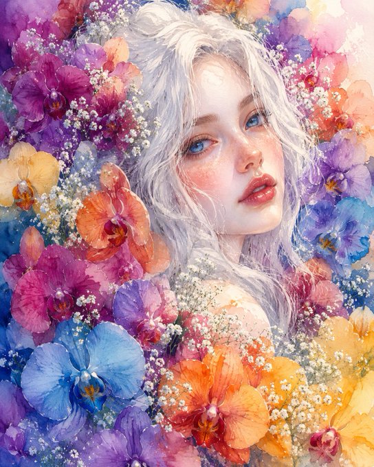 A vibrant watercolor painting of a pale woman with silver hair and blue eyes surrounded by colorful orchids in shades of purple, blue, orange, and pink.