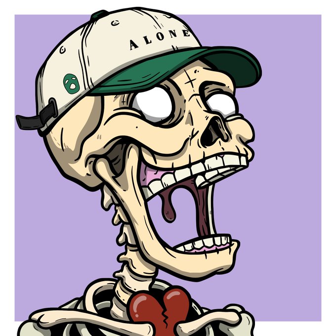 A screaming skeleton wearing a cap with the text "ALONE" on it, featuring a cracked red heart, fits the chaotic "GM Bitcoin 1pm UTC SPAMTHECHAIN" vibe with its wild, frenzied expression. The skull's wide-open jaw and intense eyes mirror the energetic, attention-grabbing spam call-to-action.