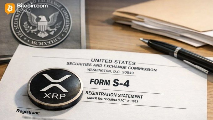 The image shows a white piece of paper with black text that reads "Form S-4" and "XRP". The paper also features a small black XRP symbol, indicating its connection to Ripple cryptocurrency. In addition to the paper, there is a pen on top of it, suggesting that someone has recently signed or completed the form. The background shows a desk with various papers and books scattered around, giving an impression of a busy workspace.