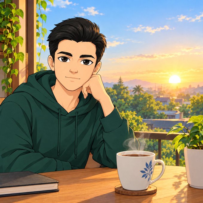 An anime-style illustration of a young man in a green hoodie sitting at a table with a steaming cup of coffee, with a sunset cityscape visible in the background.