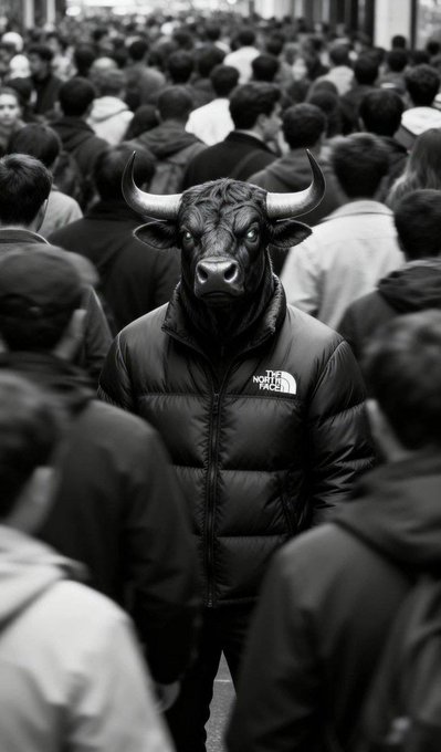 A person wearing a black North Face puffer jacket and a bull mask stands out in a dense black-and-white crowd, visually symbolizing the bullish "$COMBULL" sentiment. The lone bull among the masses reinforces the post's message of a quietly gathering, potentially explosive move as buyers continue to show up.
