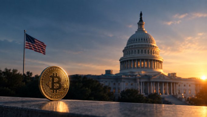A gold Bitcoin coin stands upright in the foreground, with the United States Capitol building and an American flag in the background at sunset.