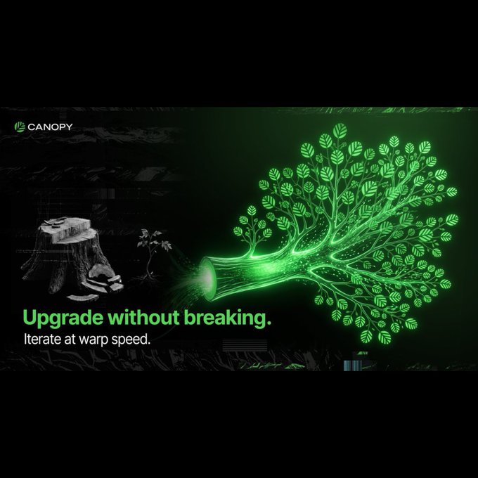 A Canopy (CNPY) branded graphic displays a glowing green tree growing from a felled tree stump, with the text "Upgrade without breaking. Iterate at warp speed." The imagery of a new tree sprouting from a stump visually reinforces the post's message about Nested Chains enabling developers to build new applications without sacrificing the security of the existing network.