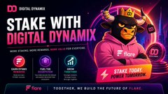 A promotional banner for 'Digital Dynamix' featuring a bear wearing a samurai helmet, encouraging users to 'STAKE WITH DIGITAL DYNAMIX' and offering rewards like 'Get Rewards', 'Tier Up', and 'Bonus' under 'Fiere'.