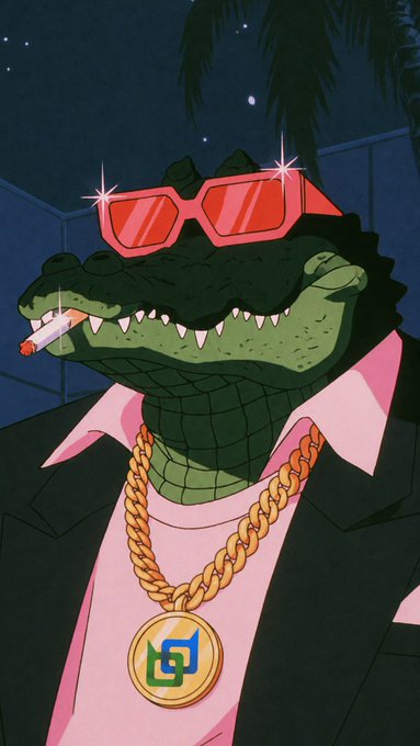 A stylized illustration features an anthropomorphic crocodile wearing red sunglasses, a suit, and a gold chain with a crypto logo medallion while smoking a cigar.