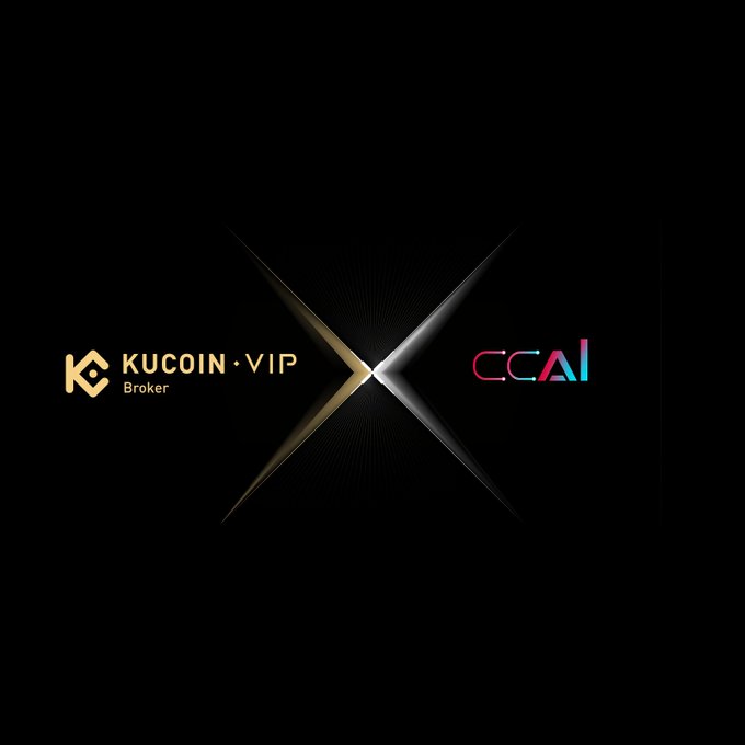 The image displays a promotional graphic with the "KuCoin VIP Broker" logo on the left and the colorful "CCAI" (ChartControl AI) logo on the right, separated by an X-shaped design against a black background—visually representing the partnership announcement between the two platforms.