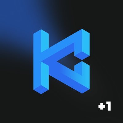 A 3D blue geometric logo resembling a stylized 'K' or impossible triangle is displayed on a dark gradient background with '+1' in the corner.