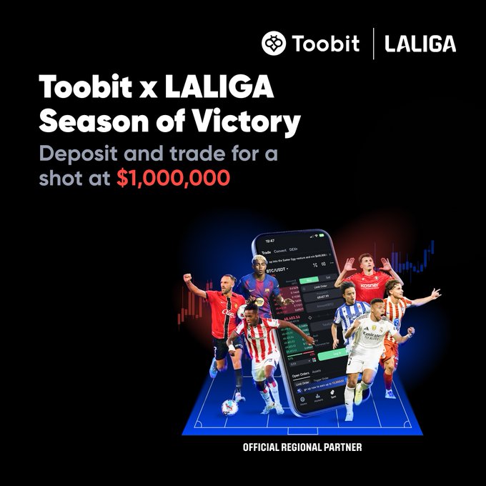 A promotional poster for Toobit x LALIGA Season of Victory features a group of soccer players, with the text "Toobit x LALIGA Season of Victory" and "Deposit and trade for a shot at $1,000,000".