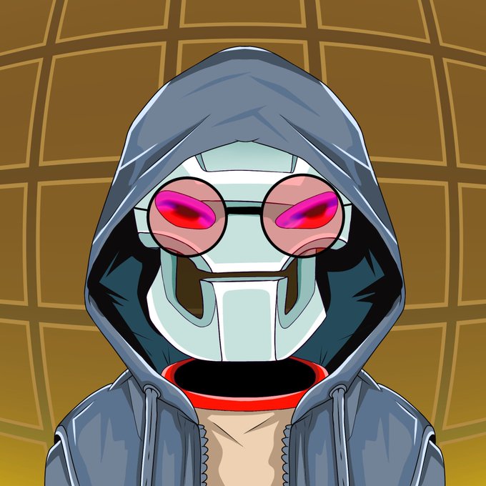 A cartoon illustration of a character wearing a dark hooded jacket, a white futuristic mask with glowing pink/red round goggles, and a red collar.