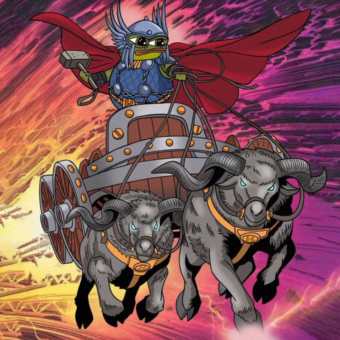 A vivid comic-style illustration of a duck-like warrior in winged helmet and red cape wielding a hammer, riding a wooden chariot pulled by two charging rams against a fiery purple and orange sky.