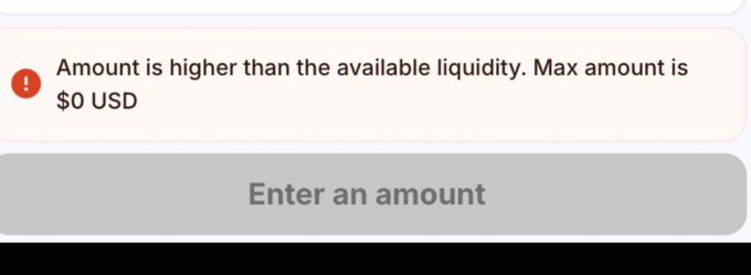 An error message displaying "Amount is higher than the available liquidity. Max amount is $0 USD" above a disabled "Enter an amount" button. This appears to illustrate the user's complaint about the Relay Protocol bridge being down, which has halted stable fund inflows.