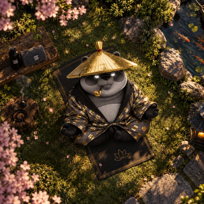 A meditating panda in a golden hat and kimono sits peacefully on a lotus-decorated mat, surrounded by cherry blossoms, koi pond, and zen garden elements. The serene, spiritual imagery perfectly complements the post's message of self-belief, mindfulness, and inner peace—visually embodying the tranquility that comes from trusting oneself.