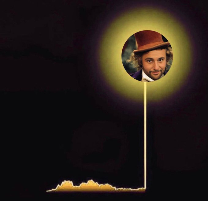 A graphic showing a candlestick chart where the wick shoots straight up to a glowing yellow circle containing Gene Wilder as Willy Wonka, illustrating the post's joke about a crypto token ($WONKA) potentially sending their 11% investment "to the void."