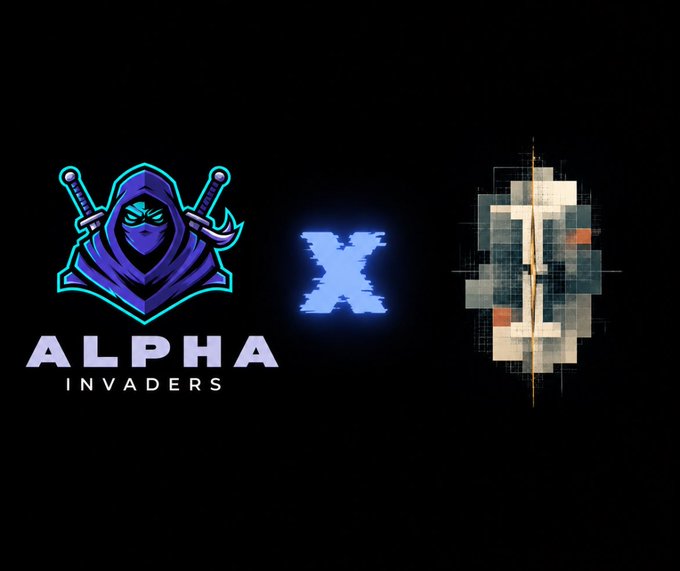 A black background features the 'ALPHA INVADERS' logo, a blue 'X', and a stylized 'T' graphic with digital glitch effects.