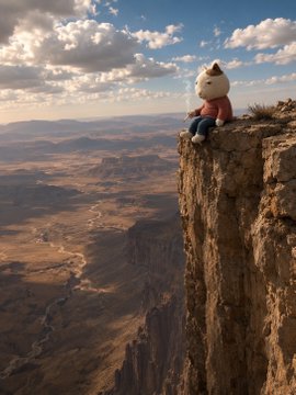 A small cartoon cat figure sits alone on the edge of a vast canyon cliff, gazing out over the expansive landscape. The solitary feline on the precipice visually echoes the post's theme of overcoming loneliness, as if the lonely cat has found companionship—or "cat coins" and crypto culture symbolized by "ket cate kitty cets."