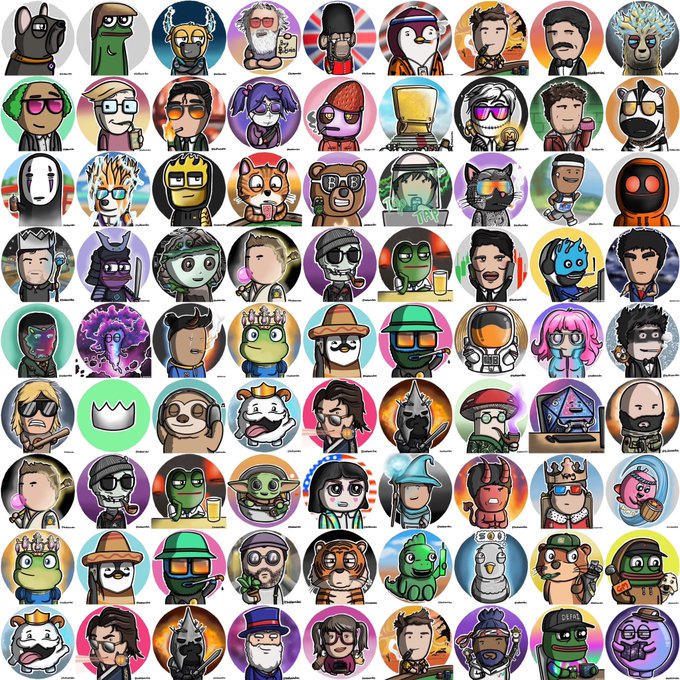 A colorful grid of 80 cartoon-style avatar profile pictures featuring a diverse range of characters—including animals, people, robots, and fantasy creatures—likely representing a collection of 1/1 NFT artworks by artist @boldleonidas.