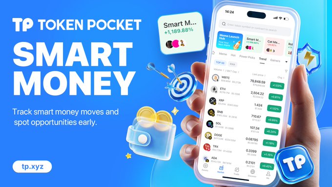 An advertisement for 'TP TOKEN POCKET SMART MONEY' showing a hand holding a smartphone displaying cryptocurrency prices and statistics, with the URL 'tp.xyz'.