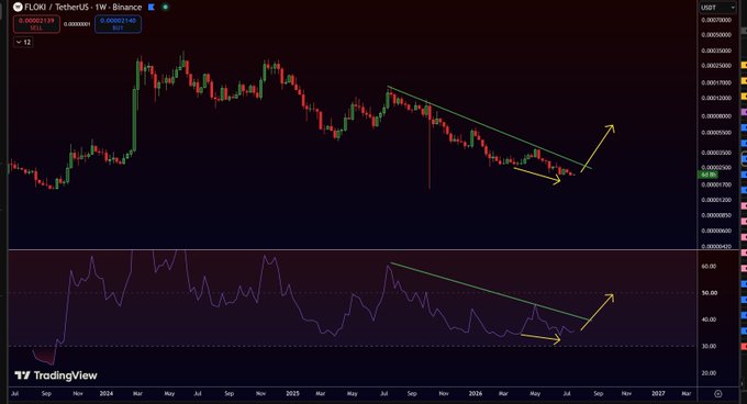 A TradingView weekly chart of FLOKI/USDT on Binance shows a descending channel pattern with RSI also forming a descending trendline and bullish divergence, supporting the claim that a pump is coming soon.