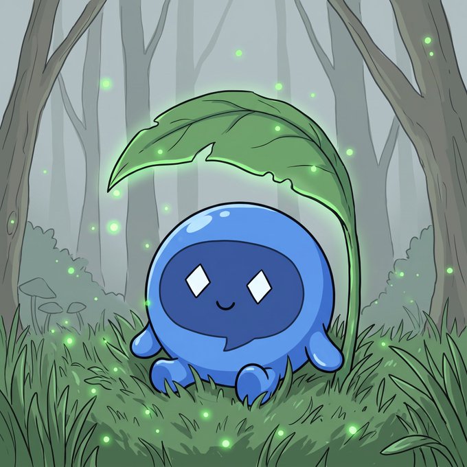 A cute blue cartoon character with a smiling face sitting under a large green leaf in a misty forest with glowing green lights.