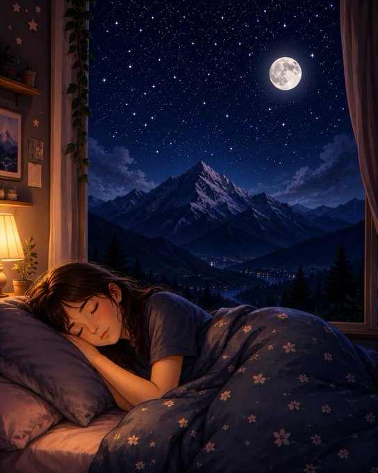 A peaceful anime-style illustration shows a girl sleeping in bed beside a large window, with a full moon and starry night sky illuminating snow-capped mountains in the distance. The serene nighttime scene perfectly captures the tranquil "good night" sentiment, as the sleeping girl gazes toward a beautiful moonlit landscape just before drifting off to sleep.