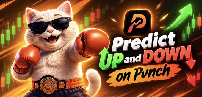 A cartoon cat wearing sunglasses and red boxing gloves stands triumphantly beside bold text reading "Predict UP and DOWN on Punch," set against a backdrop of green and red crypto candlestick charts, visually capturing the post's description of Punch's quick prediction-based crypto battles where users wager on BTC and ETH price movements.