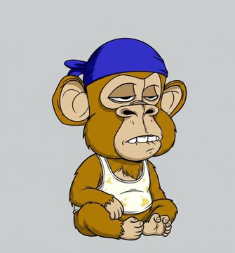 A digital illustration of a sad-looking cartoon monkey wearing a blue bandana and a stained white tank top, sitting hunched over.