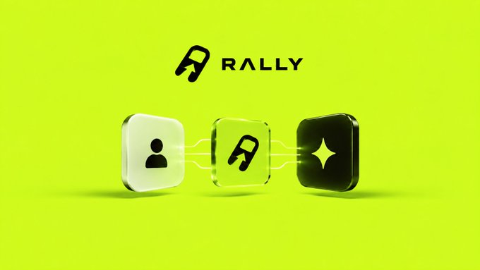The image features a bright yellow-green background with the "RALLY" logo at the top, accompanied by three connected 3D icon tiles below showing a user profile, the RALLY logo, and a sparkle/star symbol—visually representing the platform's unified trading hub concept. The graphic reinforces the post's message about Rally consolidating access to Robinhood Chain's expanding ecosystem of assets and liquidity into a single interface.