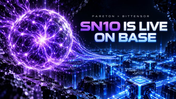 Promotional graphic with neon purple and blue aesthetics reading 'PARETON X BITTENSOR' and 'SN10 IS LIVE ON BASE' over a futuristic digital cityscape.