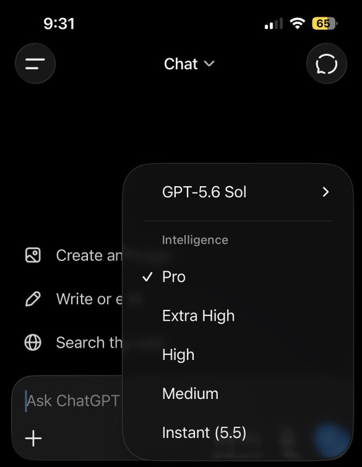 A screenshot of the ChatGPT app shows a model selector menu displaying "GPT-5.6 Sol" with intelligence levels including "Pro" (checked), "Extra High," "High," "Medium," and "Instant (5.5)," illustrating the tiered model options available in ChatGPT that the post claims are missing from Codex.