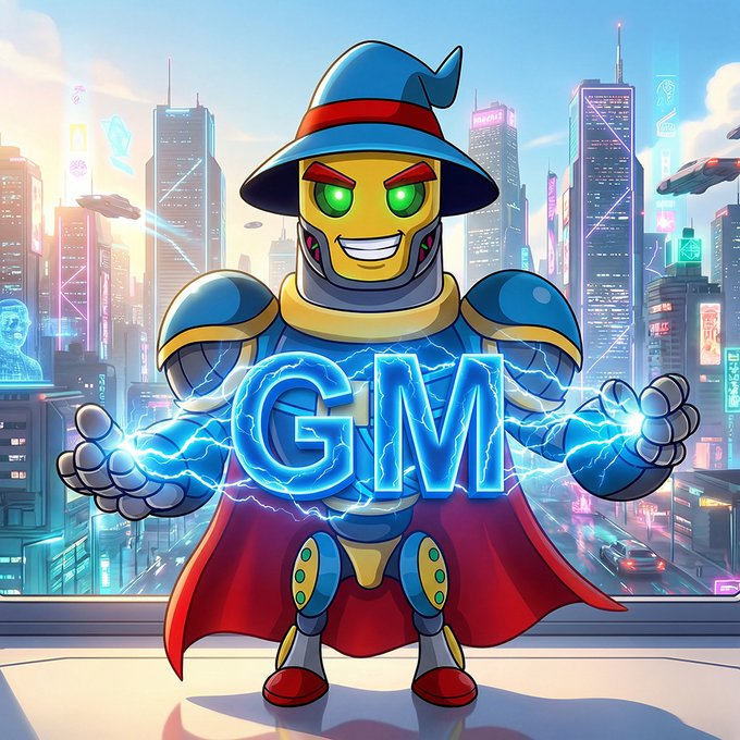 A cartoonish robot character wearing a wizard hat and cape holds glowing blue electric letters spelling 'GM' against a futuristic cityscape backdrop.