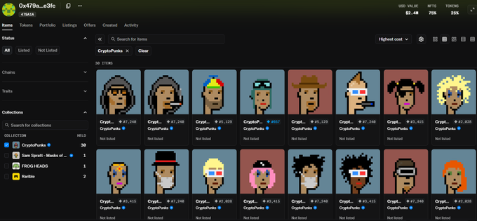 NFT marketplace interface showing a collection of CryptoPunks with various pixel art character designs, displayed on a dark themed platform with filtering options.
