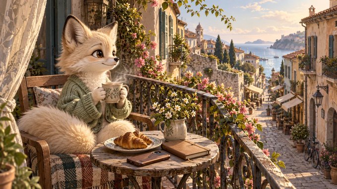 A charming illustration of an anthropomorphic fox wearing a green sweater, sitting at a balcony table with a cup of coffee and croissants, overlooking a Mediterranean coastal village.