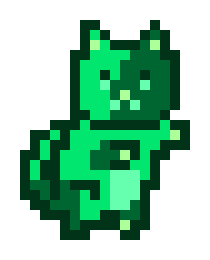 A pixel art illustration of a green dinosaur or dragon-like creature in a sitting pose.
