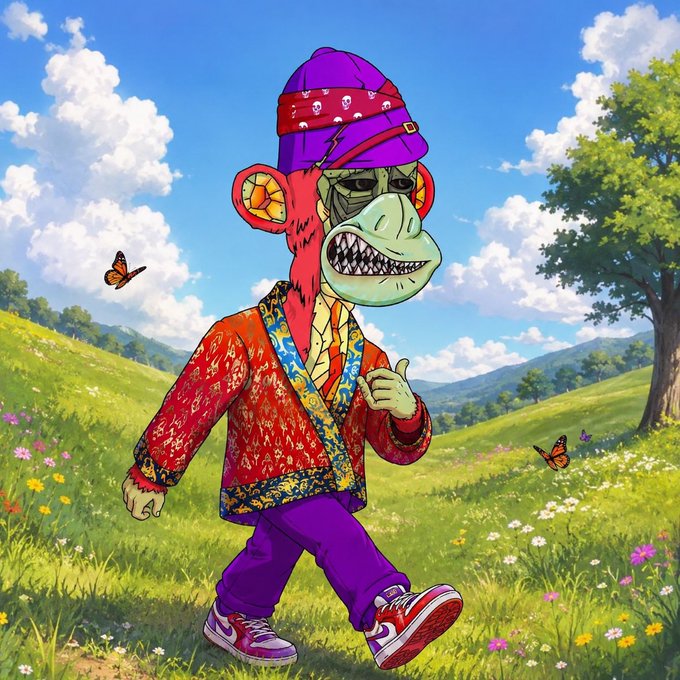 An animated monkey character wearing a purple skull-adorned beanie, ornate red jacket, and purple pants strolls through a sunny meadow with butterflies, embodying the cheerful "GM" (Good Morning) greeting in vibrant cartoon style.