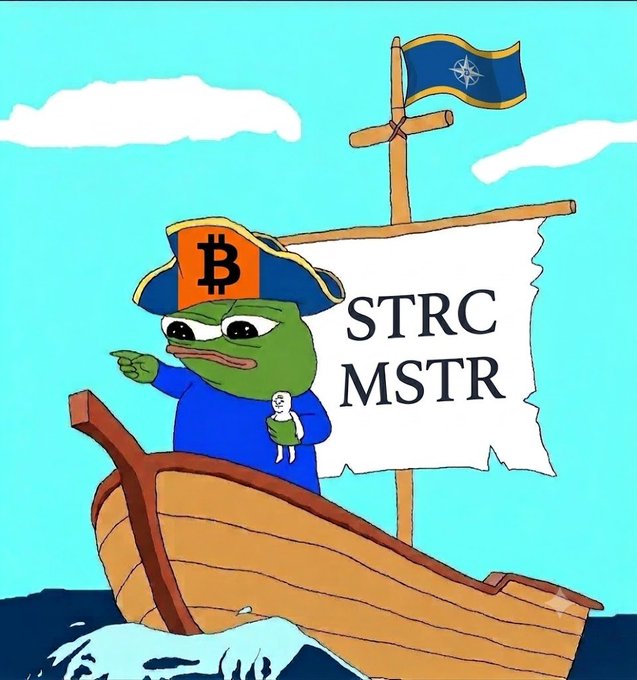 A Pepe-style cartoon frog dressed as a pirate in a Bitcoin hat sails a ship with a sail displaying "STRC MSTR," with a tiny figure being held in one hand. The imagery satirizes the stress on the digital asset treasury (DAT) flywheel referenced in the newsletter, with STRC falling below $75 and the small figure possibly representing the weakening position of MSTR-related strategies.