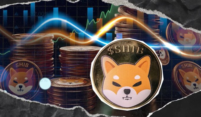 An image features stacks of Shiba Inu ($SHIB) cryptocurrency coins against a backdrop of trading charts and glowing neon lines.