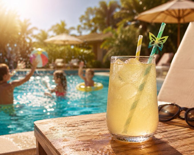 The image shows a glass filled with a yellow drink sitting on top of a wooden table near an outdoor swimming pool area. The scene appears to be set for a relaxing day at the pool, possibly during a hot summer day or a weekend when people are looking forward to some leisure time. The mainnet is getting closer and closer, indicating that it's time to enjoy the refreshing drink by the poolside while taking a break from work or other responsibilities.