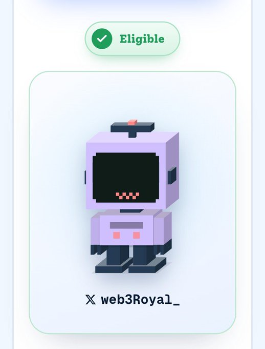 A card labeled “Eligible” features a purple pixel-art robot and the X handle “web3Royal_.”
