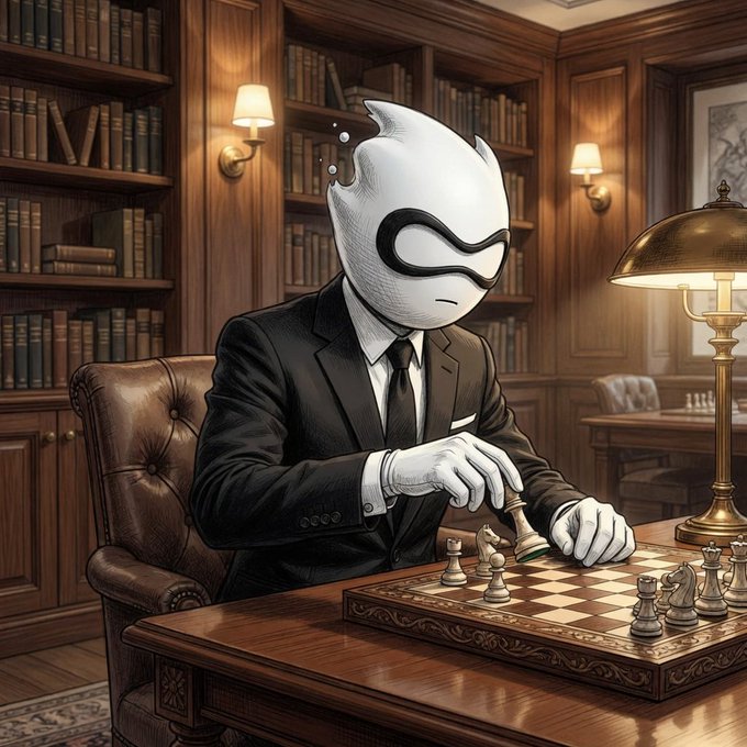 The image features a man dressed in a suit playing chess at a desk with bookshelves behind him. The scene includes a lamp that illuminates the area, creating an atmosphere suitable for intellectual pursuits like reading or playing games such as chess. The man is wearing gloves and holding a piece of paper, possibly a chessboard or game instructions. The image also contains text that reads "crypto has spent years trying to build faster highways. almost nobody stopped to ask if traffic was being routed efficiently in the first place." This suggests an interesting connection between the man's activity (playing chess) and the broader theme of optimizing data movement, as both involve strategic thinking and careful planning.