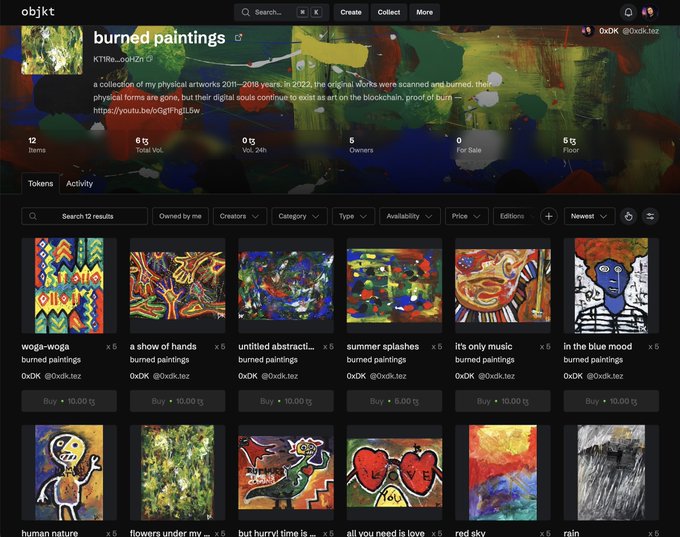 objkt NFT marketplace page for 'burned paintings' collection by KTTitle_0x6428, showing 12 items with various colorful abstract and figurative artworks listed for 5.00-10.00 tz.