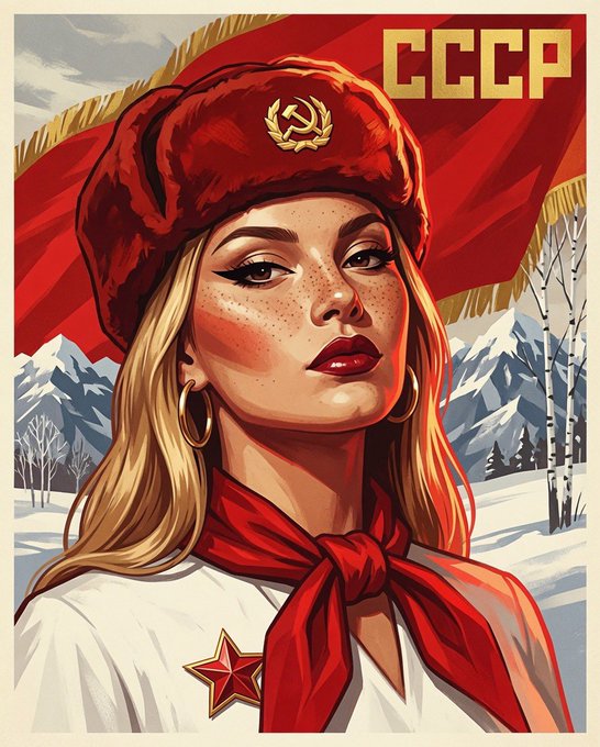 A stylized propaganda-style poster features a blonde woman in a red ushanka hat with a Soviet emblem, with 'CCCP' text and snowy mountains in the background.