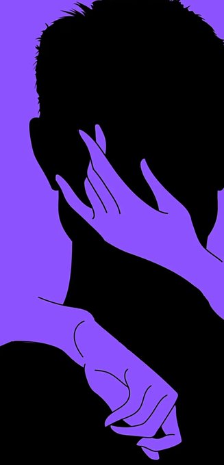 A stylized illustration featuring a black silhouette of a man's head against a purple background, with two purple hands, one covering his eyes and the other gesturing near his neck.
